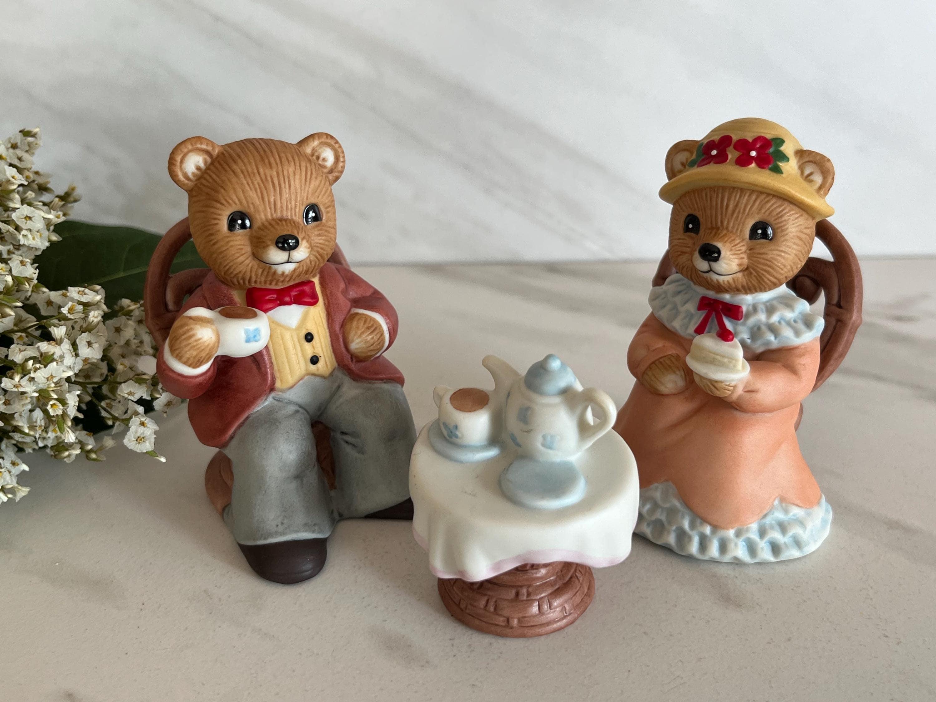 Homco Hime Interiors Porcelain Teddy Bear Vintage Tea Party