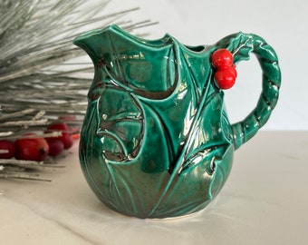 Lefton Vintage Ceramic Green Holly and Berries Creamer. 1970’s Marked # 1355 Made in Japan.