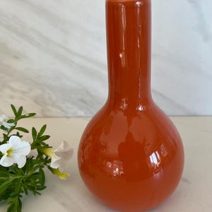 May include: A glossy, orange-red vase with a rounded base and a long, cylindrical neck. The vase is made of a smooth material and reflects light. White flowers and green leaves are visible to the left of the vase.