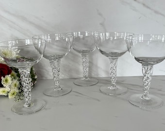 Modern Mid Century Crystal Cocktail Twisted Stem Martini Champagne or Coupe Glasses 1940/1950’s Set of Five.