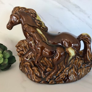 Horse Lamp TV Lamp Stallion Horse Lamp Vintage Horse Ceramic Drip Glaze Console or Dresser Lamp 1950’s Made in USA.