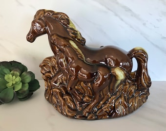 Horse Lamp Rare  Horse Lamp Stallion Horse Lamp Vintage Horse Ceramic Brown Drip Glaze Console or Dresser Lamp 1950’s Made in USA.