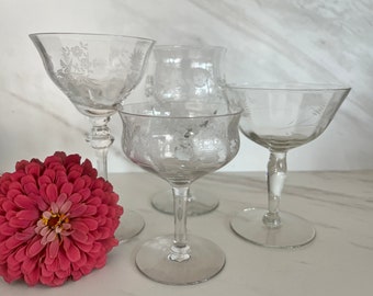 Antique Crystal Champagne and Coupe Assorted Glasses. Depression