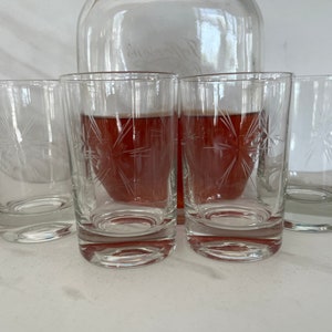 Vintage Mid Century Modern Whiskey Rocks, Liqueur or Juice Glasses. Etched Atomic Starburst with Heavy Bottom. Set of four.