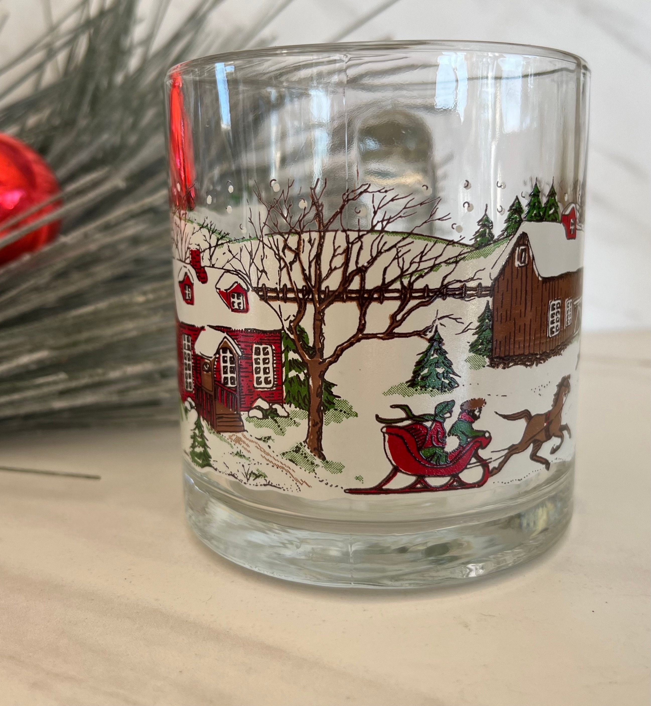 4 RARE Libbey Drinking Glass & Pitcher Winter Village Victorian Houses  Christmas
