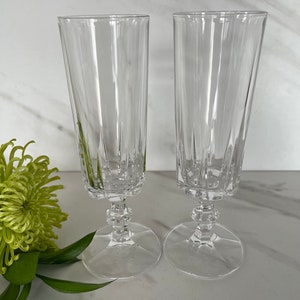 Vintage Classy And Sleek Stem Polished Heavy Crystal Cut Champagne or Liqueur Glasses. 1980’s. Set of Two.