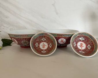 Japanese Vintage Porcelain Ceramic Rice Bowls and Dipping Bowls Stamped on Bottom