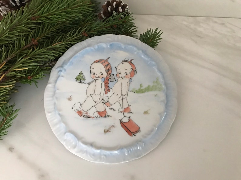 Vintage China Porcelain Hand Painted Kewpie Christmas Plate signed by Artist Binet 1970\u2019s