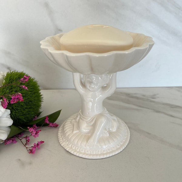 Vintage Cupid Cherub Pedestal Cream White Ceramic Soap Dish. Stamped Avon 1970/1980’s