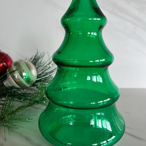 Christmas Tree Green Flashed Glass Apothecary Candy Dish with Plastic Bottom Lid. Made in 1980’s *Read Listing