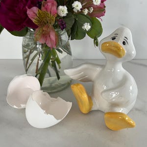 May include: A white ceramic duck figurine with yellow feet and beak, sitting next to a cracked eggshell. A glass jar with a bouquet of pink and purple flowers is in the background.