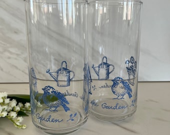 Libbey In the Garden Glasses Vintage Drinking Glasses. Bird, Watercan and Garden Design. Libbey Glass 1980’s