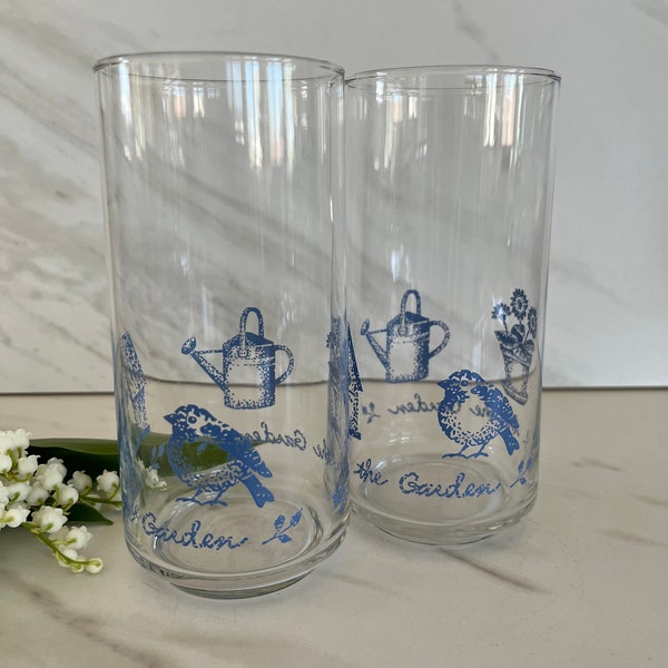 Libbey In the Garden Glasses Vintage Drinking Glasses. Bird, Watercan and Garden Design. Libbey Glass 1980’s