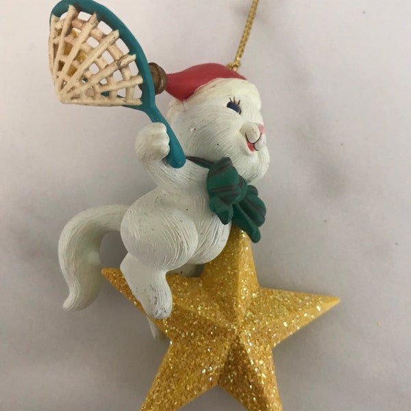 Vintage White Cat Kitty Christmas Ornament ”Fishing Kitty” 1993 Lustre Fame LTD.