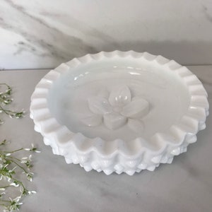 Fenton White Milk Glass Dogwood Flower Ashtray or Trinket Dish. Made in the USA. 1950’s