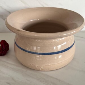 May include: A beige ceramic pot with a wide, flared rim and a single blue stripe around the middle. The pot has a rounded base and a slightly textured surface. Red flowers are visible in the background.