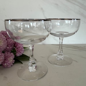 Fostoria Sleek Platinum Rimmed Crystal MCM Coupe Champagne with Cut Square Stems 1950/1960’s. Marked Fostoria. Set of Two.