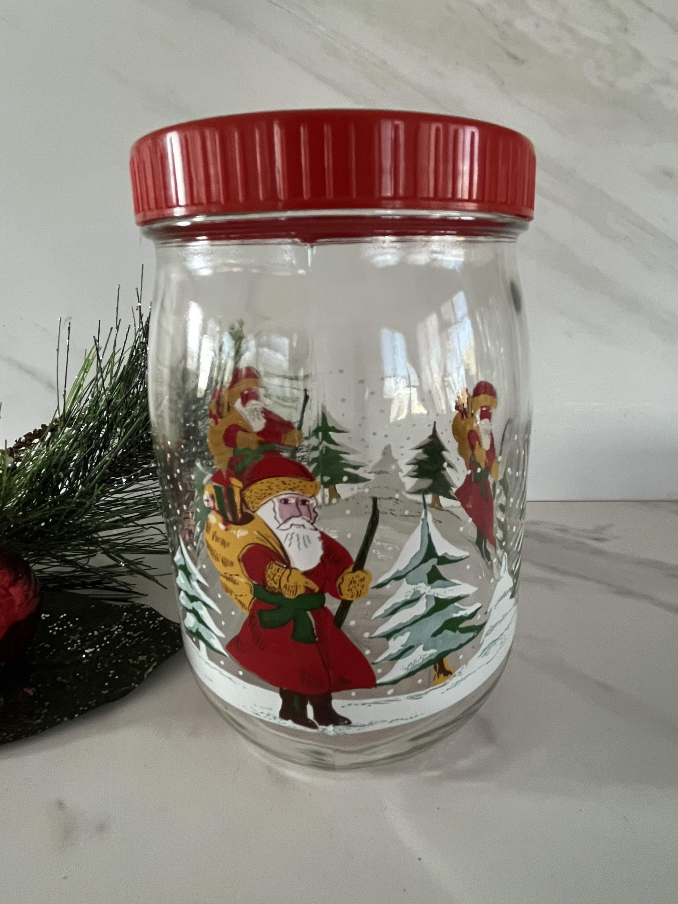 VTG Old World Santa Christmas Glass Candy Cookie Jar Red Screw Top France  Rare