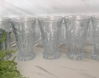 Vintage Footed Juice, Cordial, Port, Aperitif or Liqueur Glasses with handle. Beautiful Embossed flower design. Set of 5 1970’s