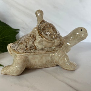 Turtle Vintage Stoneware Ceramic Figurine and Baby Turtle.