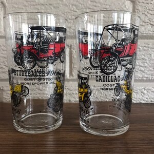 Swanky Swigs Libbey Glass Vintage Car Glasses with Beautiful 1920 Antique Car Graphics. Set of Two. Made in 1960’s
