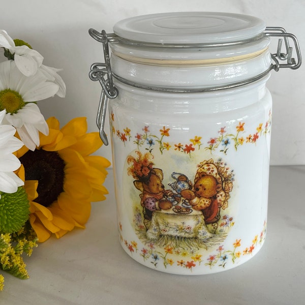 Vintage Hallmark White Milk Glass   Lighting Jar With Teddy Bear Picnic. Marked Hallmark LLC Houston Harvest Gifts