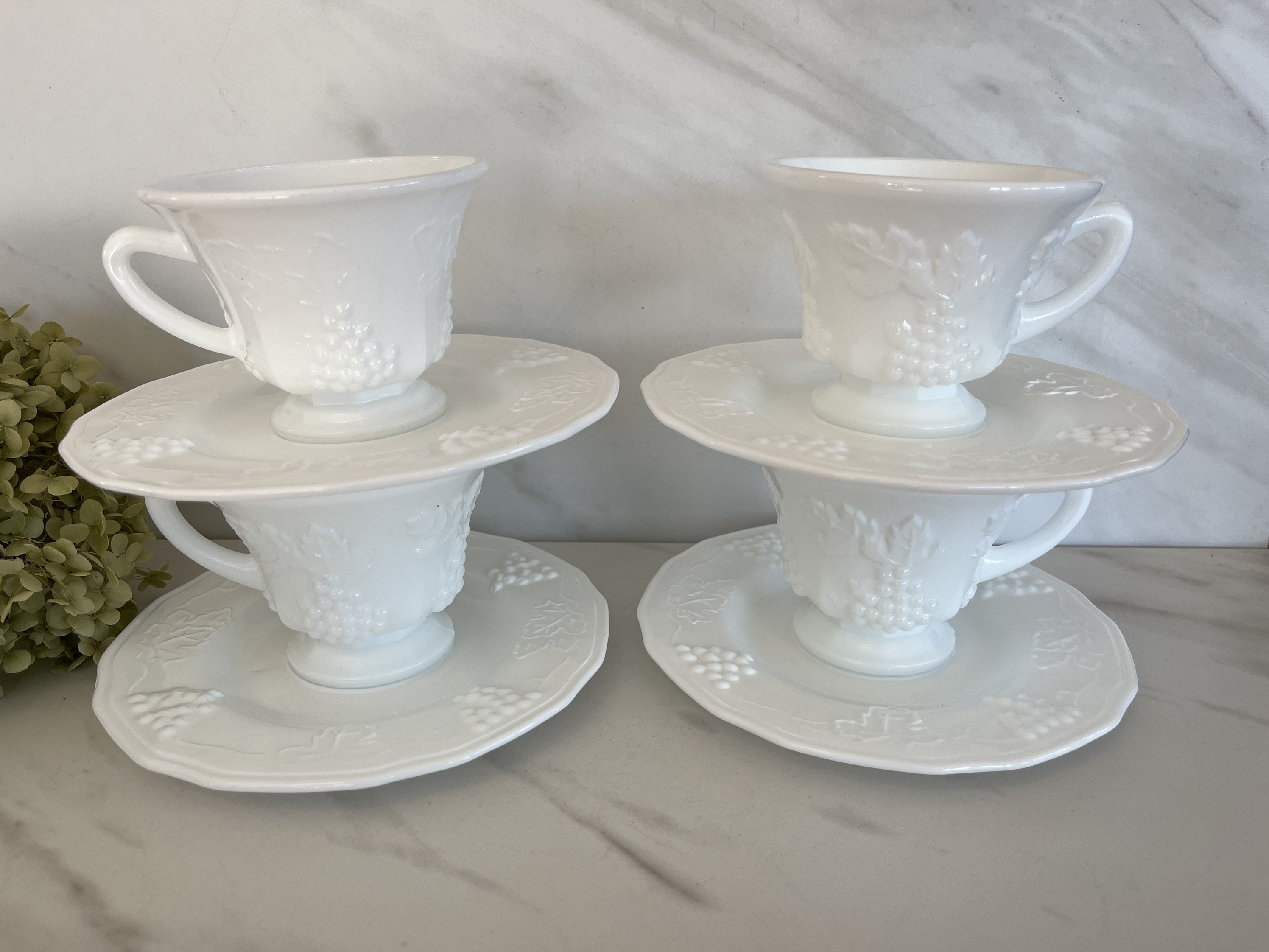 Vintage Indiana Glass Milk Glass Harvest Grape Leave Pattern Tea