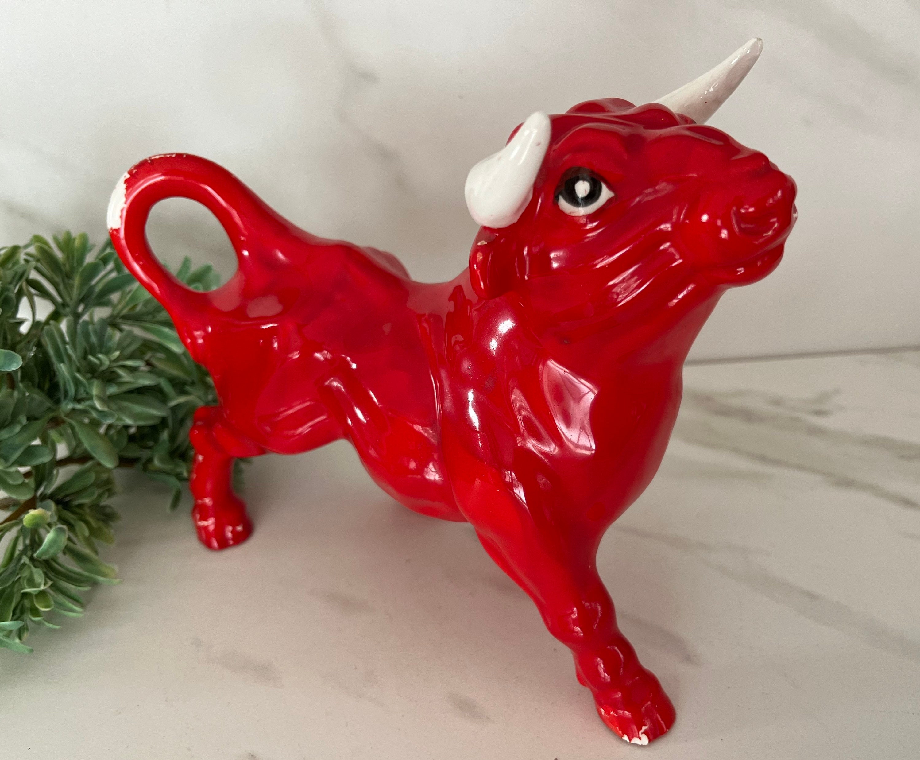 Vintage Red Ceramic Bull 1950/ 1960 Mid Century. Original Blue