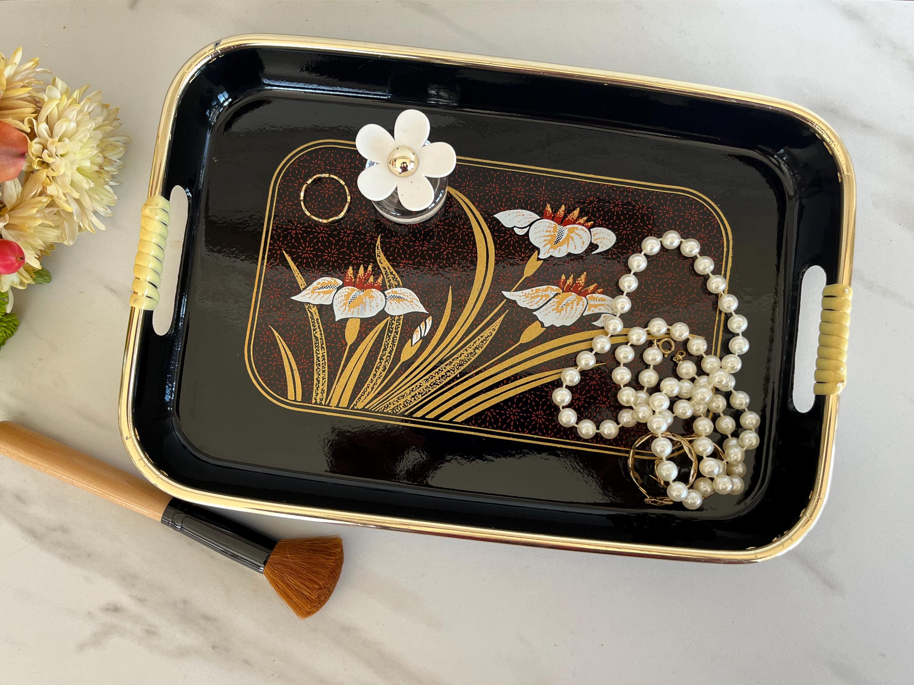 Lacquer Black Japanese Tea or Saki Tray. Trinket, Jewelery