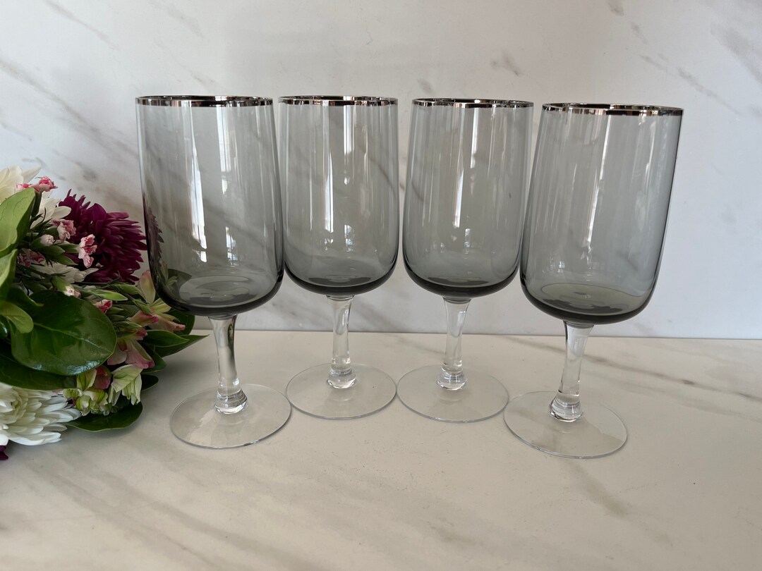 Fostoria Cherish Gray Cup Vintage Crystal Platinum Rim Smoked Cup Clear