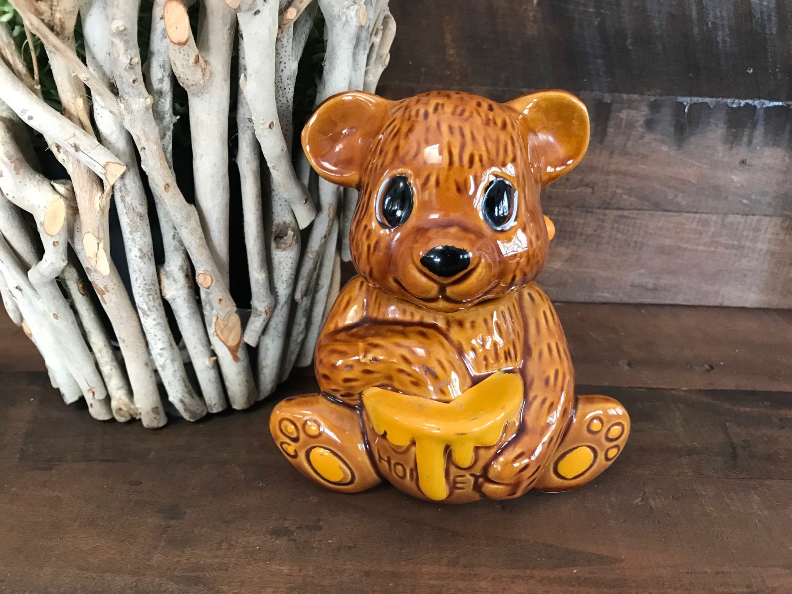 Brown Ceramic Vintage Honey Bear Pot with Honey Dipper. Made Etsy