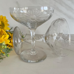Tiffin-Franciscan Crystal Crystal Vintage Champagne Coupe Sherbet or Oyster Glasses. Pattern. Polished Cut and Cut Stem. Set of Two.