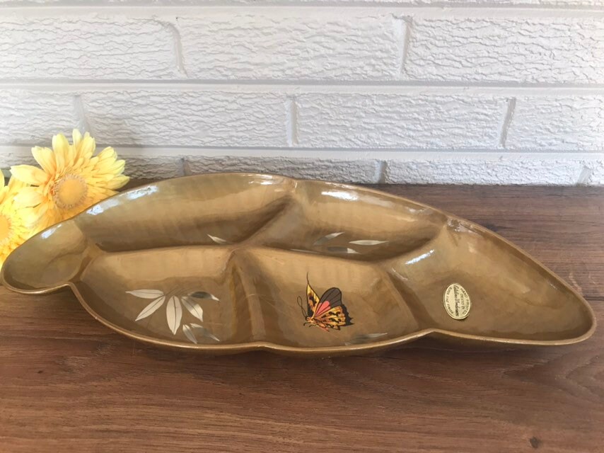 Catalina Woodenware of California Gold Lacquer Vintage Serving Tray. Rare Handpainted Butterfly and Bamboo leaves 1960. Made in Japan.