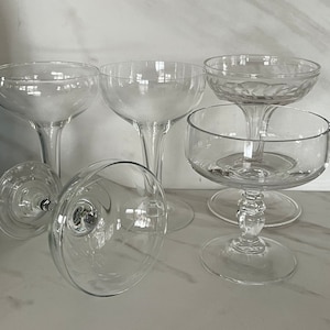 Vintage Crystal Champagne, Coupe or Martini Assorted Glasses. Set of Five