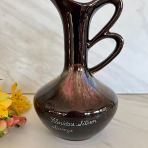 May include: A glossy, brown ceramic pitcher with a unique handle design. The pitcher has a bulbous base and a slender neck with a pouring spout. The words "Florida's Silver Springs" are inscribed on the front.