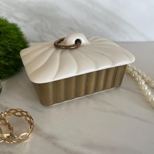 Atomic Gold Metal and Porcelain Top Cigarette Box. 1950. *Read Listing box has Patina.