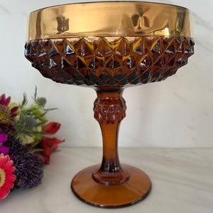 Indiana Glass Vintage Amber Diamond  Point Pedestal Compote Bowl With Gold Top King's Crown