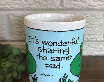 Frog Vintage Ceramic Coffee Mug. “ Its wonderful sharing the same pad” 1991 Signed by Artist McAllister.