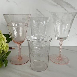 Antique Assorted Crystal Etched Depression Glass Tiffin Style Assorted Cocktail Glasses Pink and Clear 1920-1940’s. Set of Four.