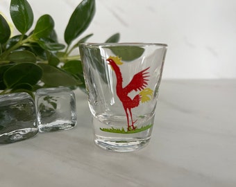 Vintage Red Crowing Rooster Shot Glass MCM. Unmarked Federal Glass 1950’s