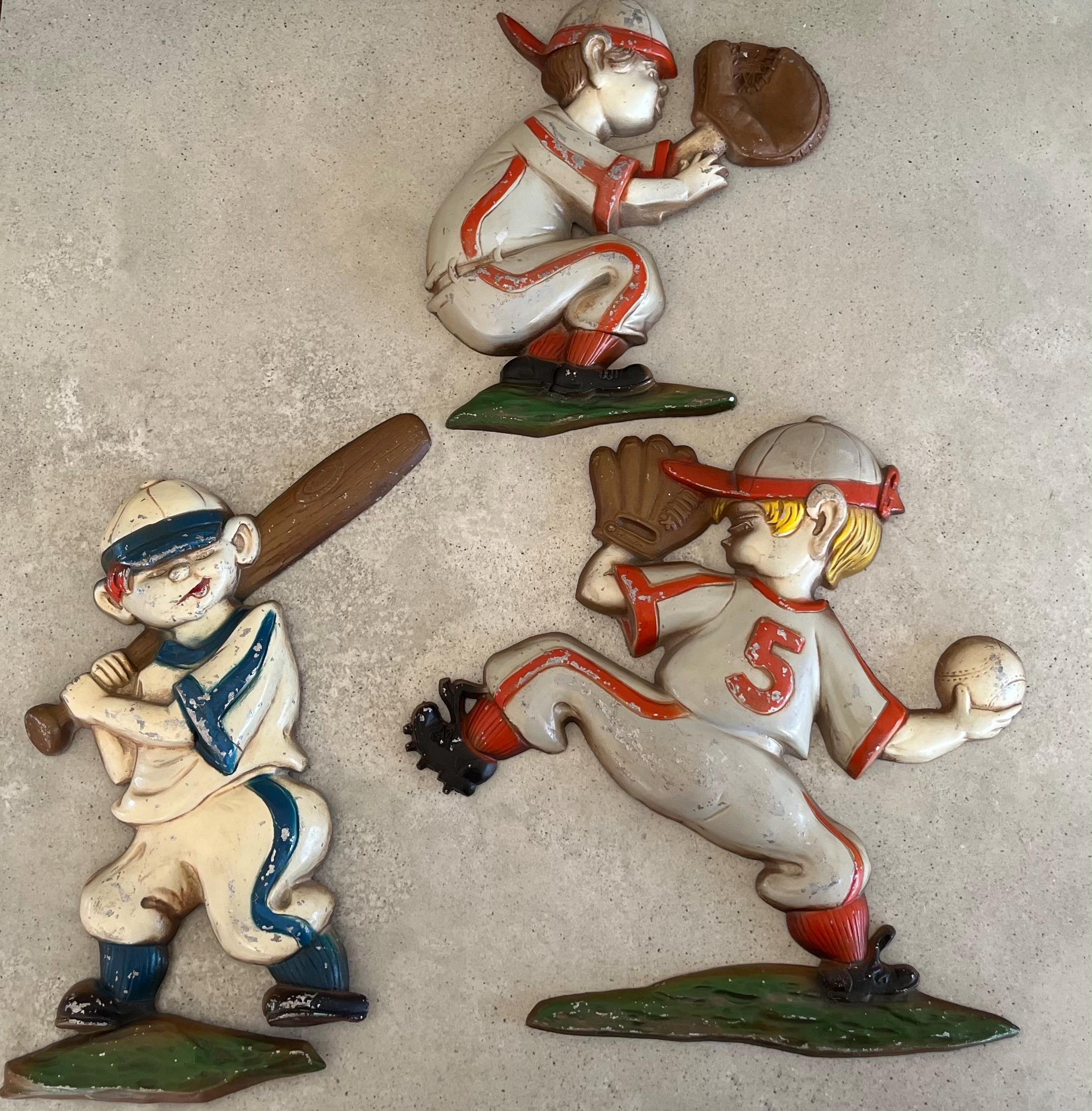 Baseball Cast Metal 3-D Wall Decor. Pitcher, Catcher and