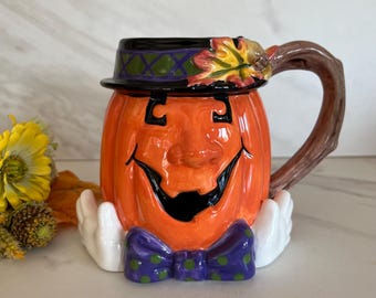 Fitz and Floyd Vintage Ceramic Pumpkin Scarecrow Pumpkin Mug with Vine Handle. Signed on Bottom FF (Fitz and Floyd Essentials ) .