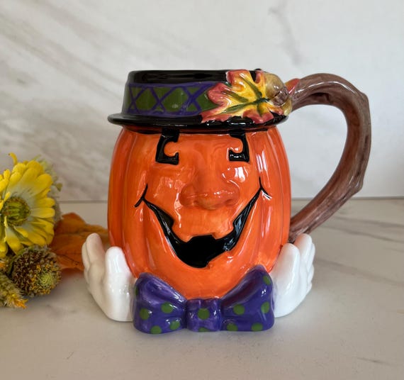 Fitz and Floyd Vintage Ceramic Pumpkin Scarecrow Pumpkin Mug with Vine Handle. Signed on Bottom FF (Fitz and Floyd Essentials ) .