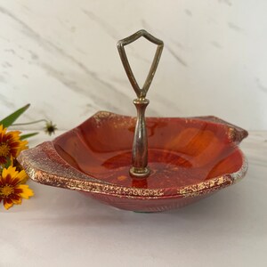 Retro MCM Candy Dish Orange and Brown Modern California Pottery USA #136 . Vintage Drip Glazed Dish. Nut, Candy Dish or serving Dish.