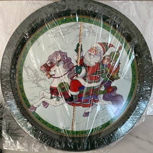 Metal Tin Vintage Round Christmas Serving Tray. Carousel Design. Hartin Christmas. Marked Hartin International. Made in 1993