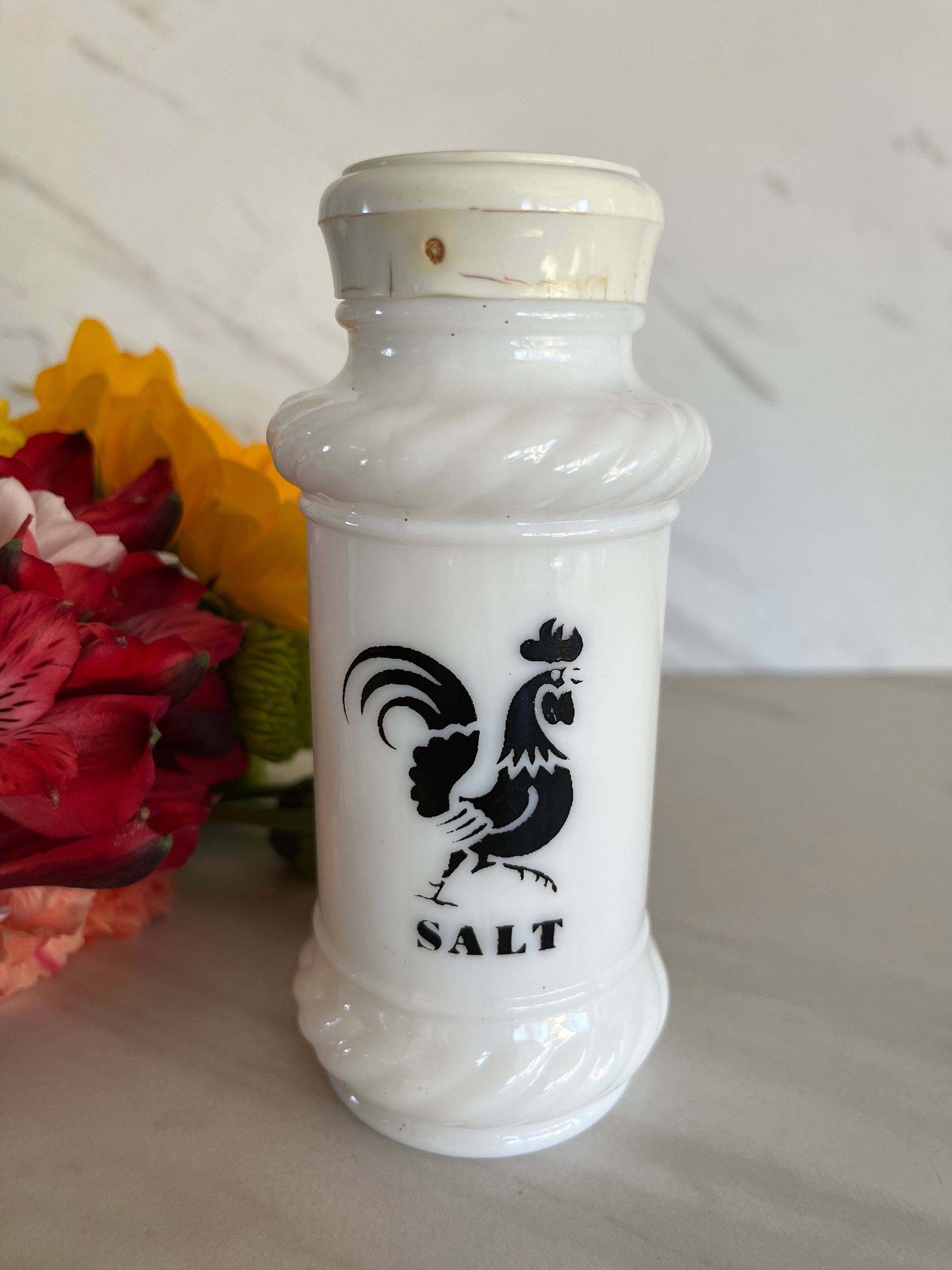 Hazel Atlas Farmhouse Black Rooster Vintage Milk Glass Salt Shaker