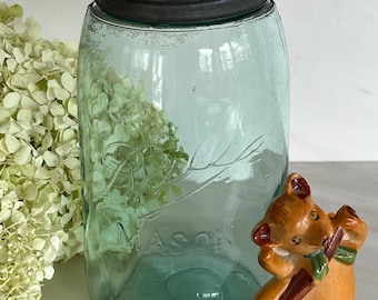 Antique Vintage Large Ball Blue Green Glass Jar with Zinc Lid. H on Bottom *Rare Jar- 3 loop S 1892-1896