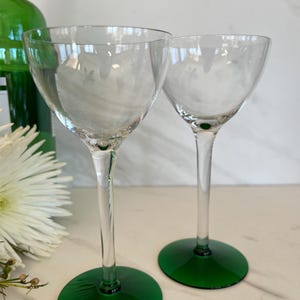 Green Clear Crystal Port,Aperitif or Liqueur Glasses. Beautiful Green Base  and Clear Cup. Set of Two *Read Size 1970’s