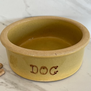 May include: A yellow ceramic dog bowl with the word "DOG" in brown lettering. The bowl has a rounded shape with a light brown rim. A small dog biscuit is next to the bowl.