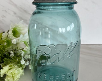 Antique Vintage Ball Blue Green Glass Perfect Mason Jar with Zinc Lid. 1 Qt. Marked “Perfect Mason ” # 2 on Bottom.